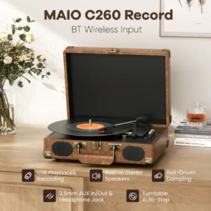 Vinilinė plokštelių sistema C260 | 3 greičių „Bluetooth“ retro patefonas su garsiakalbiais, RCA išvestimi, AUX ir ausinių jungtimi