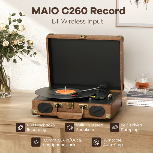 Vinilinė plokštelių sistema C260 | 3 greičių „Bluetooth“ retro patefonas su garsiakalbiais, RCA išvestimi, AUX ir ausinių jungtimi