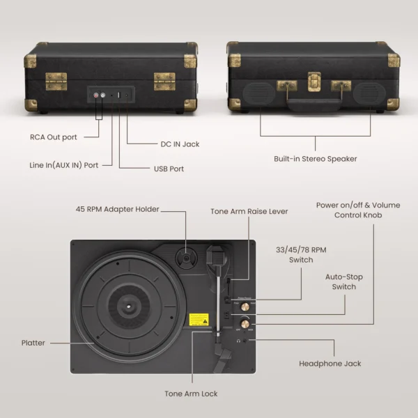 Vinilinė plokštelių sistema C260 | 3 greičių „Bluetooth“ retro patefonas su garsiakalbiais, RCA išvestimi, AUX ir ausinių jungtimi - Image 6