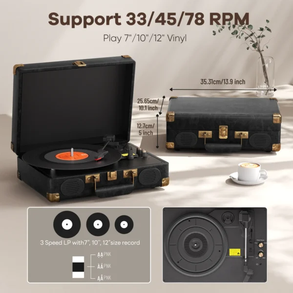 Vinilinė plokštelių sistema C260 | 3 greičių „Bluetooth“ retro patefonas su garsiakalbiais, RCA išvestimi, AUX ir ausinių jungtimi - Image 2
