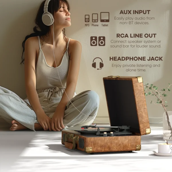 Vinilinė plokštelių sistema C260 | 3 greičių „Bluetooth“ retro patefonas su garsiakalbiais, RCA išvestimi, AUX ir ausinių jungtimi - Image 5