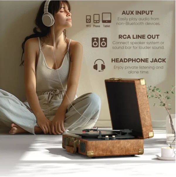 Vinilinė plokštelių sistema C260 | 3 greičių „Bluetooth“ retro patefonas su garsiakalbiais, RCA išvestimi, AUX ir ausinių jungtimi - Image 9